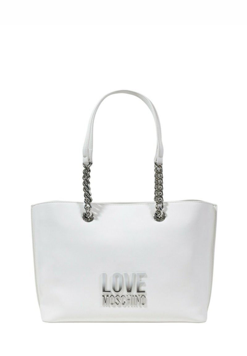 Borsa tote bianca con manici a catena, con logo in rilievo "LOVE MOSCHINO" sulla parte anteriore. Texture liscia, forma rettangolare.