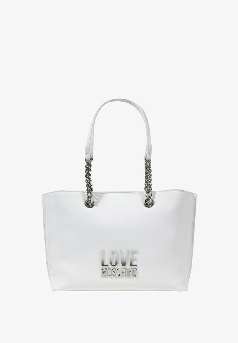 Borsa tote bianca con manici a catena, con logo in rilievo "LOVE MOSCHINO" sulla parte anteriore. Texture liscia, forma rettangolare.