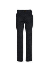 Pantalones de mezclilla negros con un patrón sutil, cinco bolsillos, cierre con botón y diseño de pierna recta. Adecuados para un uso casual.