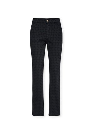 Pantalones de mezclilla negros con un patrón sutil, cinco bolsillos, cierre con botón y diseño de pierna recta. Adecuados para un uso casual.