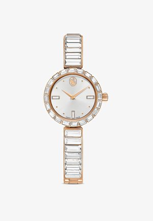 Horloge met gouden kleur, zilverkleurige wijzerplaat, rechthoekige kristalaccenten op de band, en een ronde lunette versierd met kleine kristallen. Zwitsers gemaakt.