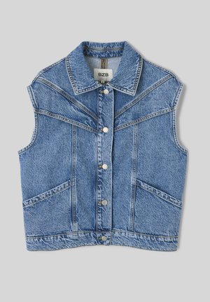 Veste sans manches en denim bleu avec boutons à l'avant, deux poches latérales, col pointu et détails de couture en forme de V sur la poitrine.
