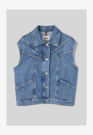 Veste sans manches en denim bleu avec boutons à l'avant, deux poches latérales, col pointu et détails de couture en forme de V sur la poitrine.