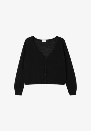 Schwarze Strickjacke mit V-Ausschnitt, langen Ärmeln und cropped Design. Hergestellt aus weichem Stoff mit einer Knopfvorrichtung vorne.