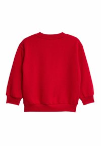 Sudadera roja con mangas largas y holgadas, cuello y puños de canalé, y una textura suave. La vista trasera muestra un color sólido sin patrones ni acentos.