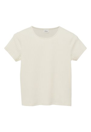 Kurzärmeliges, cremefarbenes, geripptes Strickoberteil mit rundem Ausschnitt, das eine feine vertikale Rippstruktur und ein Etikett innen im Kragen aufweist.