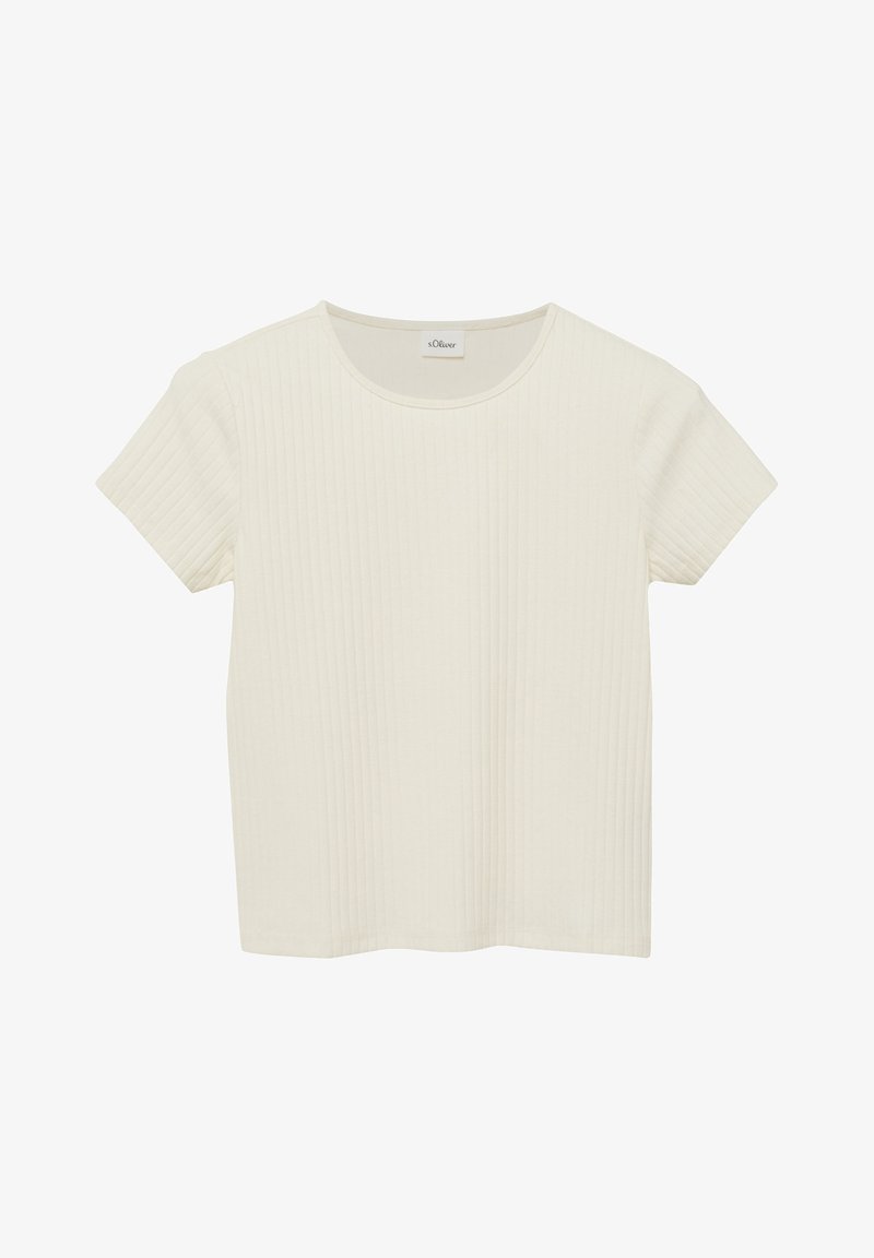 Haut crème à manches courtes en maille côtelée avec un col rond, présentant une texture côtelée verticale subtile et une étiquette à l'intérieur du col.