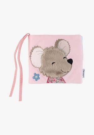 Soft pink fabric book featuring a brown mouse with embroidered details, a floral pattern, and pink ribbons for closure.