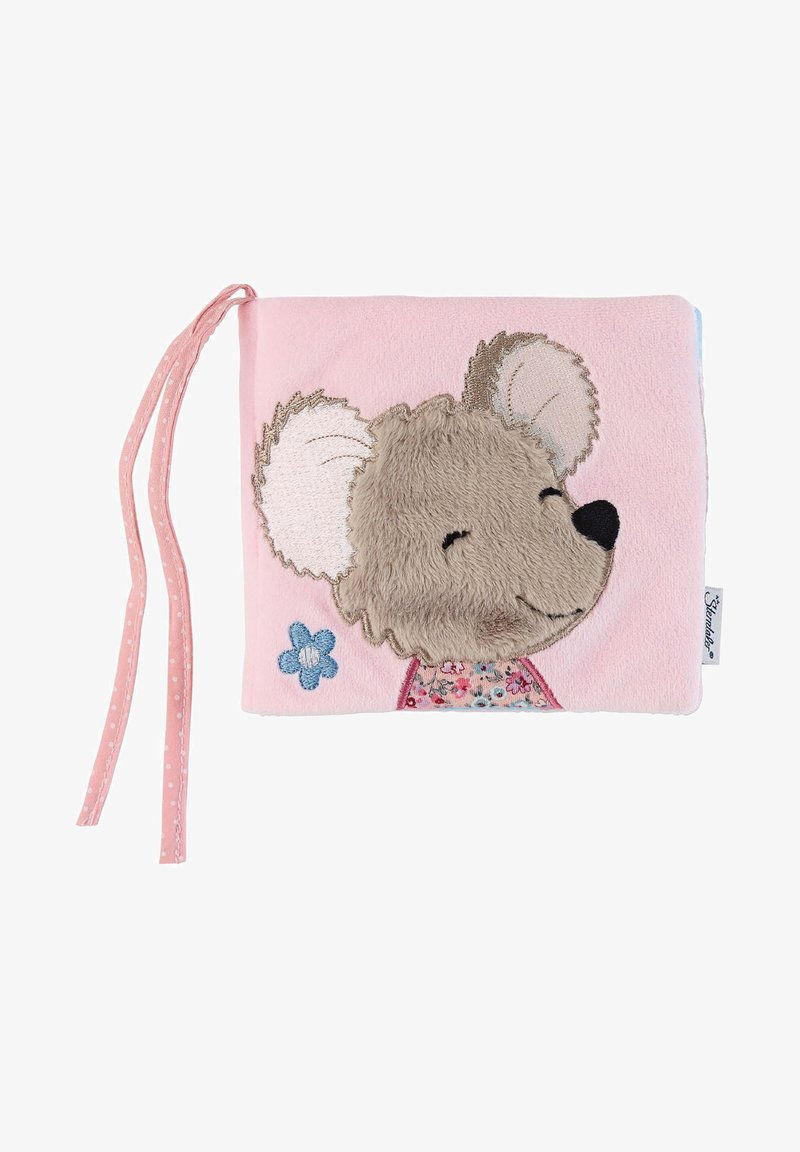 Soft pink fabric book featuring a brown mouse with embroidered details, a floral pattern, and pink ribbons for closure.