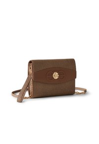 Brown textured crossbody bag with gold-tone turn-lock clasp, chain and leather strap, angled on white background.