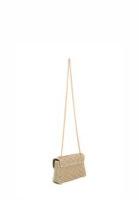 Beige handtas met een gestructureerde vorm, voorzien van een geborduurd patroon en een gouden kettingschouderband. Versierd met decoratieve studs en contrasterend stiksel.