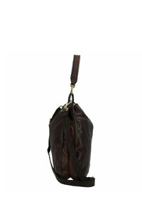 Borsa in pelle marrone con una forma strutturata, dotata di una tracolla, hardware in metallo e dettagli di cucitura visibili lungo le cuciture.