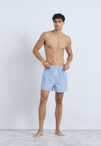 Μπλε και λευκά ριγέ ανδρικά σορτς με ελαστική ζώνη μέσης, προσφέροντας άνετη εφαρμογή και ελαφρύ ύφασμα. Απλός σχεδιασμός, χωρίς πρόσθετες διακοσμήσεις.