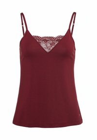 Camisole bourgogne pour femmes avec bretelles spaghetti réglables et détail en dentelle florale au niveau du col en V.