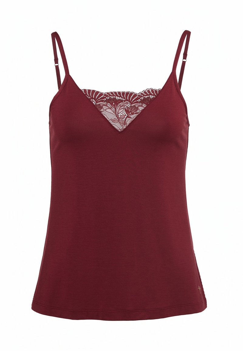 Camisola da donna bordeaux con spalline regolabili e dettaglio in pizzo floreale sullo scollo a V.