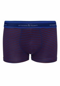 Męskie bokserki w ciemnoczerwonym kolorze w niebieskie paski. Miękki materiał, dopasowany krój, elastyczny pas z logo "slopes & town".