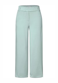 Pantalons larges vert clair avec taille élastique, présentant des poches latérales et une texture lisse et douce. Coupe décontractée générale et forme droite.
