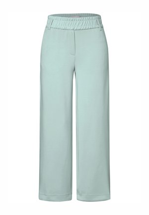 Light green wide-leg pants with an elastic waistband, featuring side pockets and a smooth, soft texture. Overall relaxed fit and straight shape.