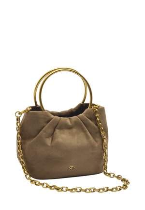 Brązowa torebka zamszowa o marszczonym wzorze, ze złotym łańcuszkiem i dwoma okrągłymi metalowymi uchwytami. Posiada logo z przodu.