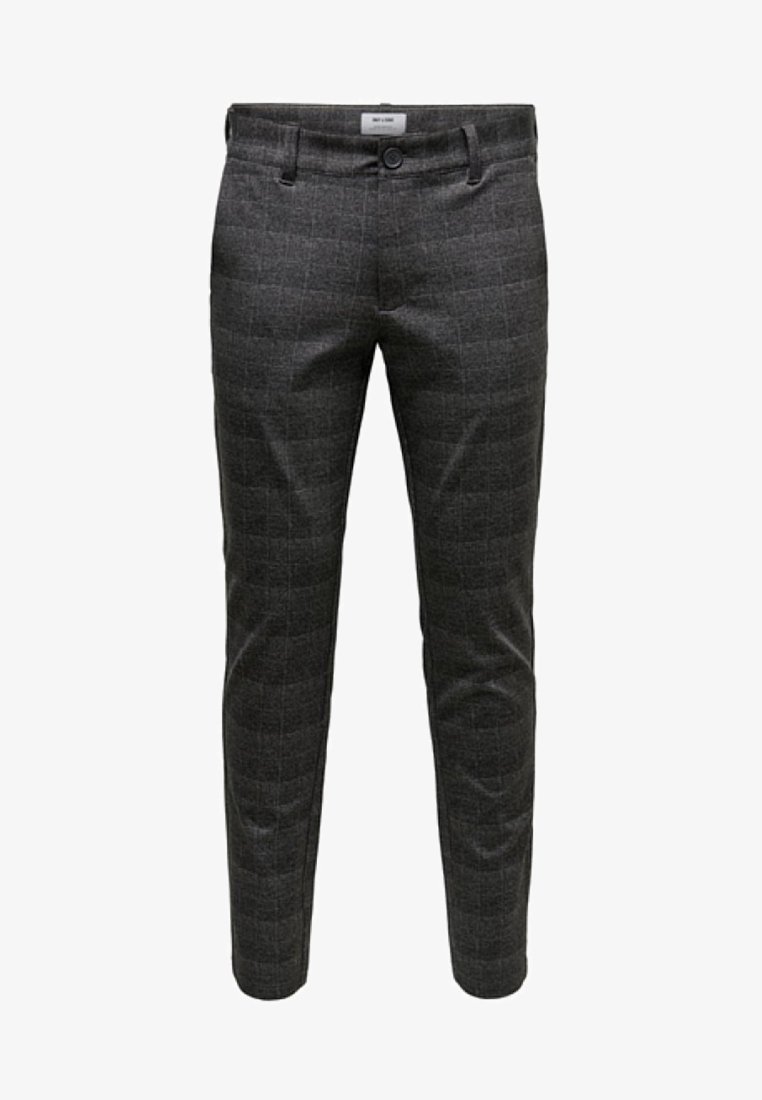 Pantalon slim gris foncé avec un motif à carreaux subtil, bouton avant et détails des poches.