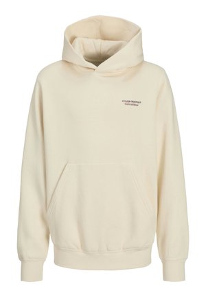 Un hoodie crème en tissu doux, dotée d'une poche kangourou, d'une capuche avec cordon de serrage et d'un petit logo en texte sur la poitrine. Manches longues.