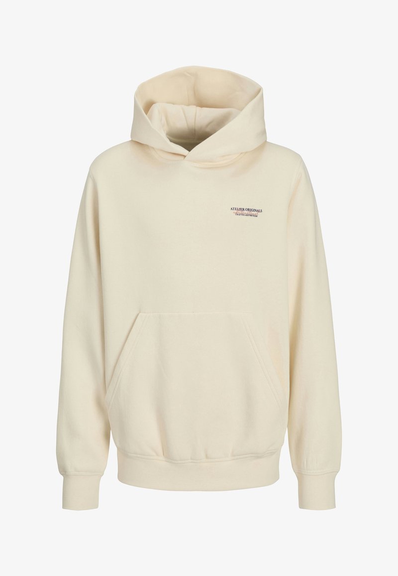 Sudadera crema fabricada con un tejido suave, que cuenta con un bolsillo tipo canguro, capucha con cordón y un pequeño logotipo en el pecho. Mangas largas.