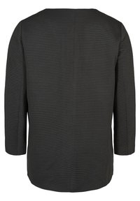 Czarna tunika prążkowana z rękawami do połowy przedramienia i okrągłym dekoltem. Tkanina o fakturze z subtelnymi pionowymi liniami, zapewniająca luźny fason.
