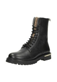 Zwarte leren gevechtslaars met een gestructureerde afwerking, leopardprintaccent bij de kraag en een robuuste rubberen zool. Vetersluiting met metallic detail.