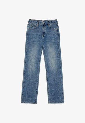 Siniset suorat farkut, joissa on korkea vyötärö, viisi taskua, nappisuljin ja hienovaraiset hopeiset niitit ripoteltuna kankaan läpi.