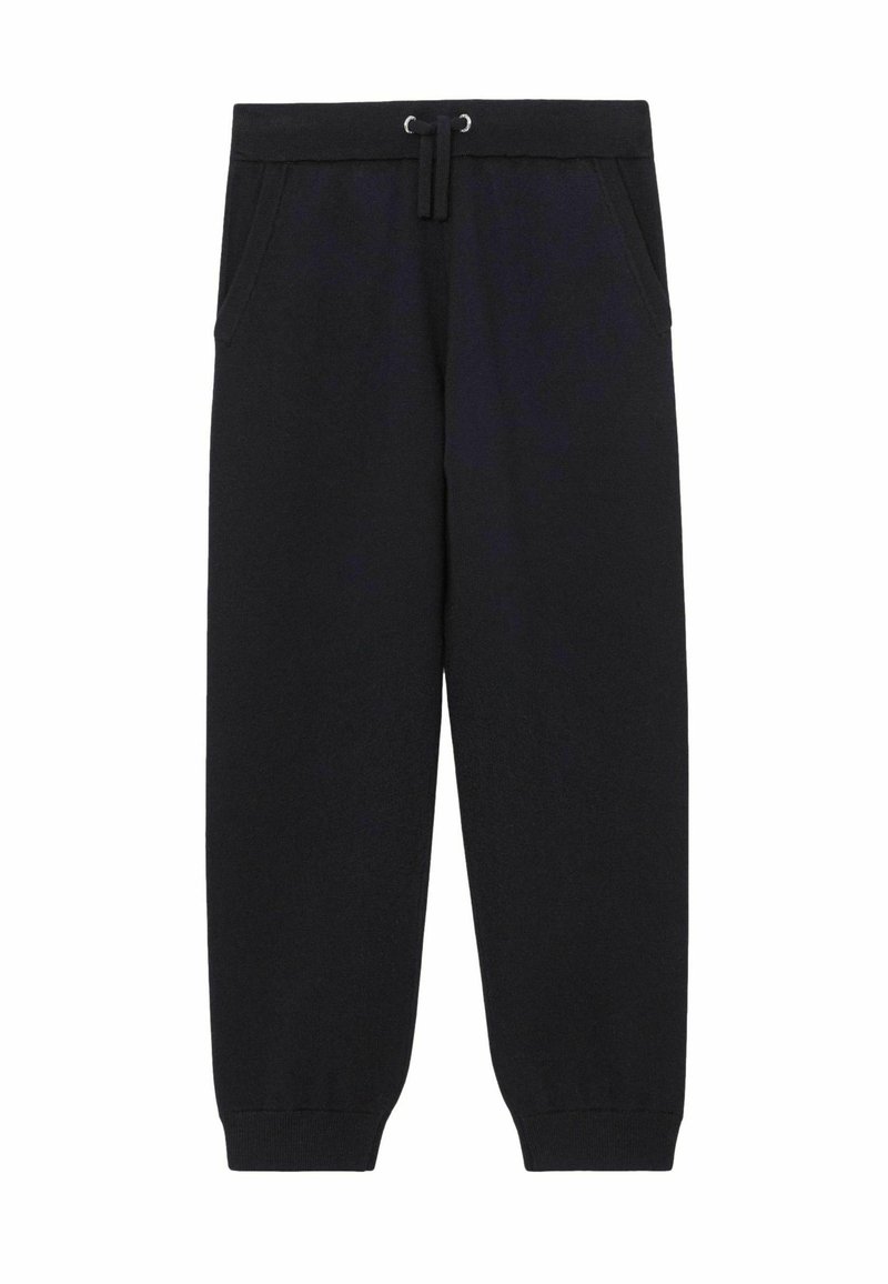 Czarne spodnie dresowe z sznurkiem w pasie, dwoma bocznymi kieszeniami i elastycznymi ściągaczami przy kostkach, wykonane z miękkiego, teksturowanego materiału.