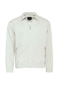 Lys grå zip-jakke med krave, to sidelommer og lange ærmer. Glat stof med et enkelt design og ingen synlige mønstre.