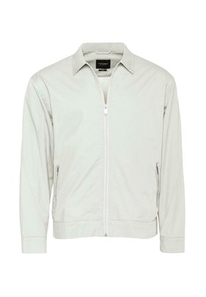 Svetlošedá zipsová bunda s golierom, dvomi bočnými vreckami a dlhými rukávmi. Hladká tkanina so jednoduchým dizajnom a bez viditeľných vzorov.