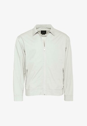 Hele hall zip-up jakk, millel on krae, kaks külgetaskut ja pikad varrukad. Sile kangas, lihtne disain ja ilma nähtavate mustriteta.