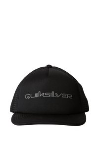 Black cap featuring a flat brim, mesh sides, and a prominent grey "Quiksilver" logo on the front, made from durable fabric.