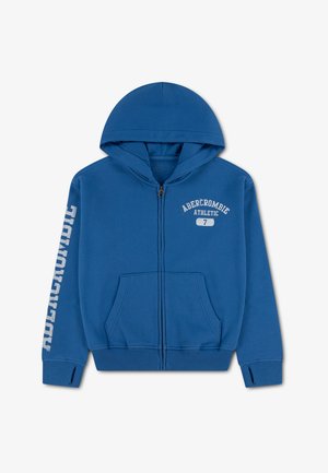 Sweat à capuche bleu zippé avec une poche avant, des trous pour les pouces aux poignets, "Abercrombie Athletic 7" sur la poitrine et le texte "Abercrombie" sur la manche.