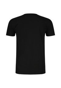 Μαύρο κοντομάνικο T-shirt με στρογγυλή λαιμόκοψη, εμφανιζόμενο από πίσω, με απλό, μονόχρωμο ύφασμα χωρίς εμφανή λογότυπα ή σχέδια.