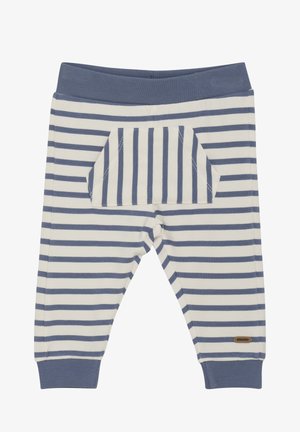 Striped toddler sweatpants in soft cotton, featuring alternating blue and white stripes, ribbed waistband, and a decorative back pocket.
