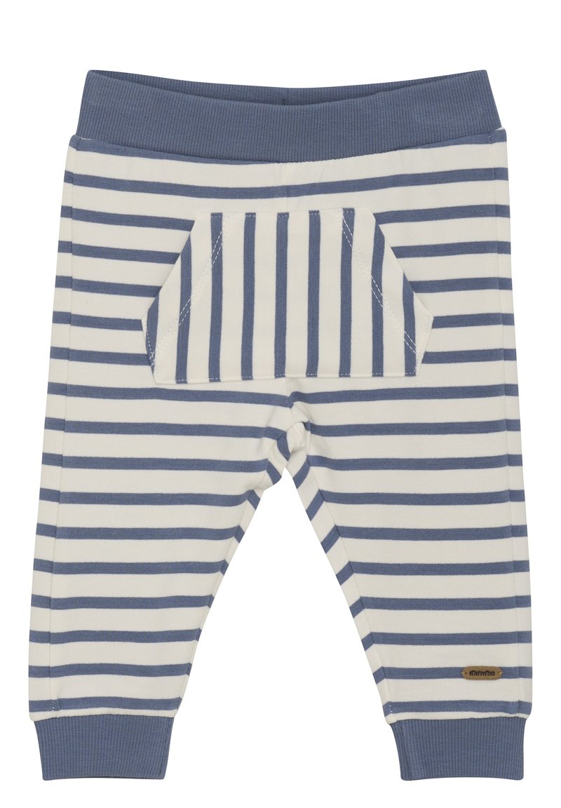 Gestreepte peuter sweatpants in zachte katoen, met afwisselend blauwe en witte strepen, een geribbelde tailleband en een decoratieve achterzak.