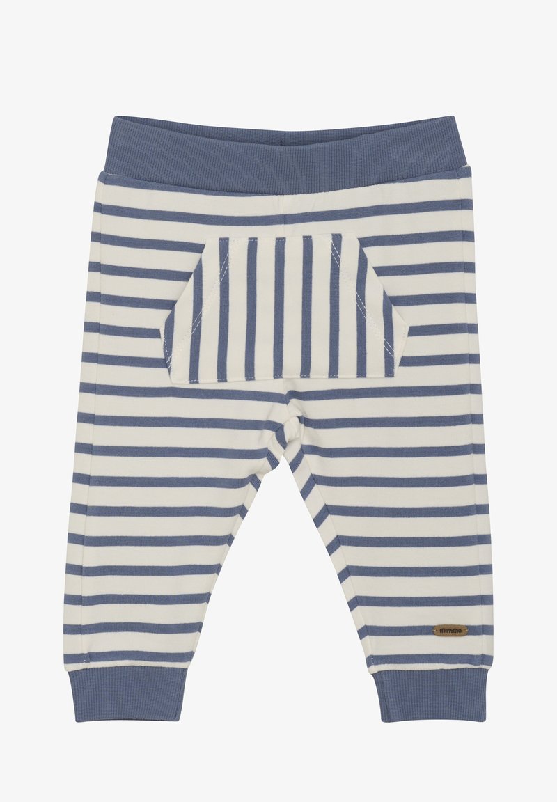 Gestreepte peuter sweatpants in zachte katoen, met afwisselend blauwe en witte strepen, een geribbelde tailleband en een decoratieve achterzak.