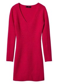 Abito in maglia di un vivace rosa con scollo a V, maniche lunghe, texture a coste e sottili fili luccicanti. Silhouette aderente.
