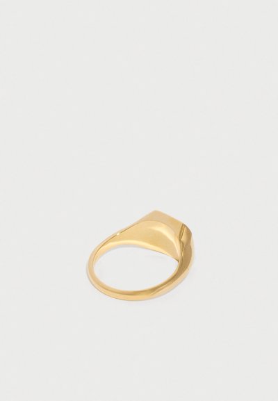 Auksinis žiedas su glotniu, plokščiu viršutiniu paviršiumi ant paprastos baltos spalvos fono.