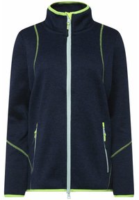 Giacca di fleece blu navy con colletto alto, accenti verde brillante lungo le cuciture e tasche laterali con zip per funzionalità.
