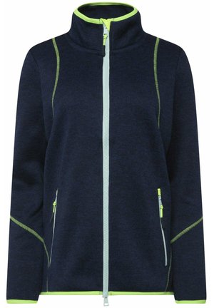 Giacca di fleece blu navy con colletto alto, accenti verde brillante lungo le cuciture e tasche laterali con zip per funzionalità.