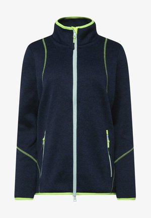 Granatowa polarowa kurtka z wysokim kołnierzem, jaskrawozielonymi akcentami wzdłuż szwów oraz zapinanymi na zamek kieszeniami bocznymi dla większej funkcjonalności.