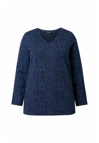 Maglia a maniche lunghe di colore blu navy con scollo a V e un motivo testuale leggero su tutta la superficie. Realizzata in tessuto morbido per un comfort ottimale.