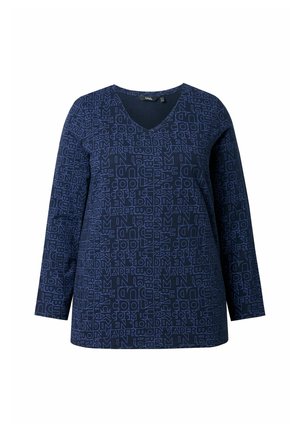 Marineblauw longsleeve shirt met een V-hals en een lichtgewicht tekstpatroon in het blauw. Gemaakt van zachte stof voor comfort.