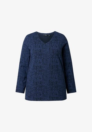 Haut à manches longues bleu marine avec un col en V et un motif textuel léger sur l'ensemble. Fait en tissu doux pour le confort.