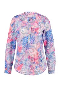 Long-sleeve blouse in multicolor abstract floral pattern. Soft fabric with a button-up neckline and rounded hem. Features button accents on sleeves.