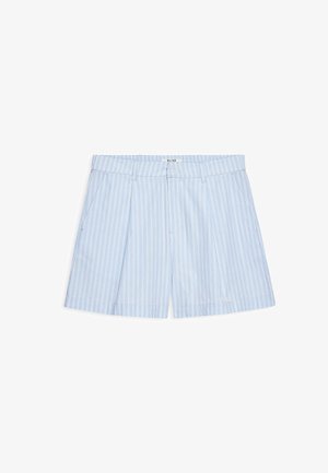 Light blue shorts with white vertical stripes, featuring a flat front, pleats, and side pockets, made from a smooth fabric.