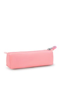 Rechthoekig etui in felroze. Glad materiaal, ritssluiting met een ronde trekker, en bijpassende accentkleur details.